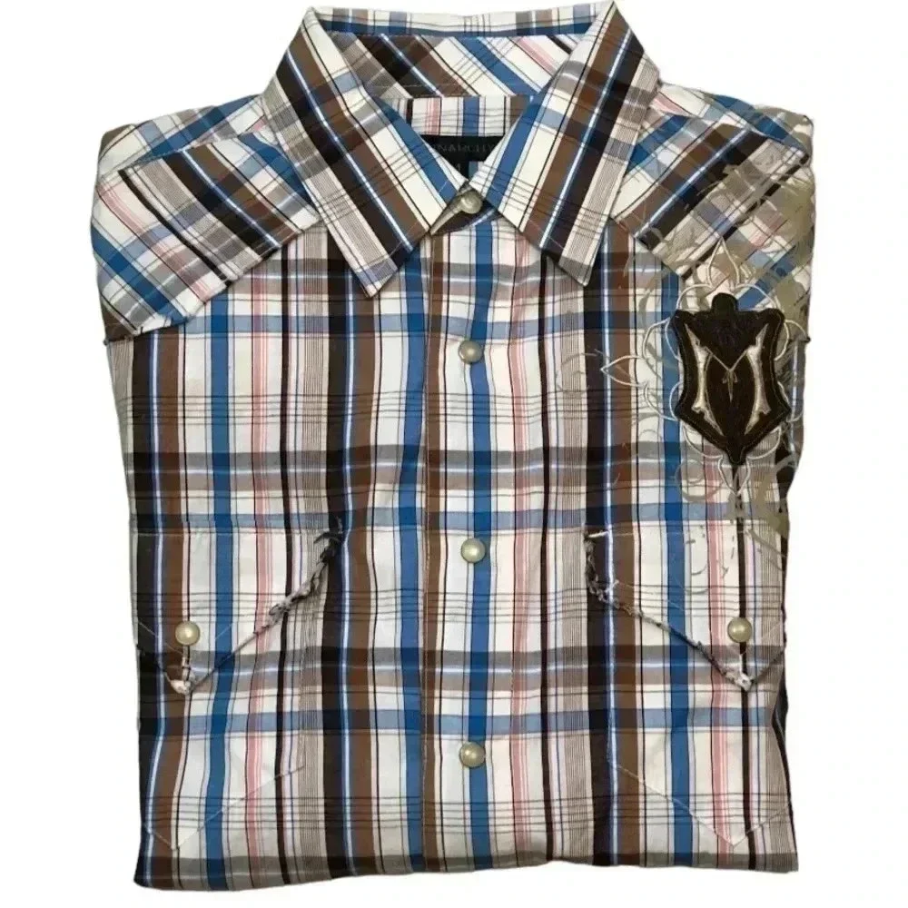 NWT Monarchy Brown Blue Plaid Men’s Long Sleeve Pearl Snap Front Shirt (M)